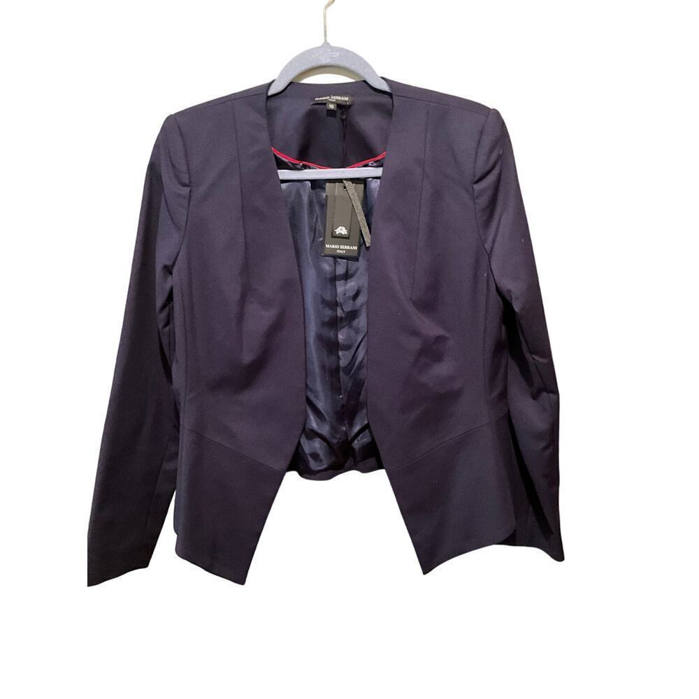 Mario Serrani Blazer Jacket‎ Open Front Cotton Blend Lined Blue Womens Size 10